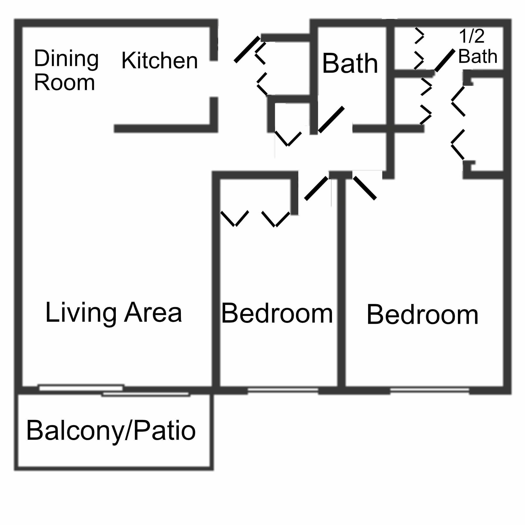 Floor plan of the 2 bedroom, 1 bathroom apartment