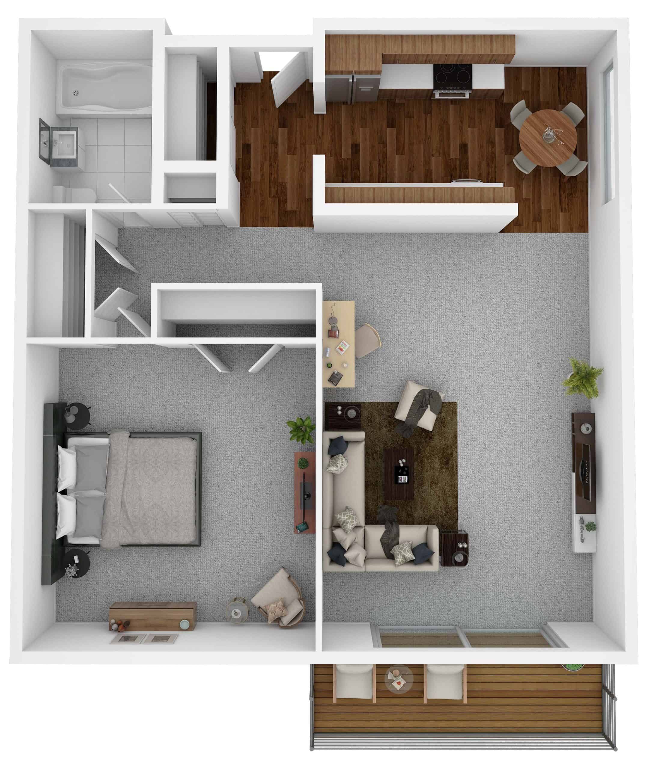 Floor plan of 1 bedroom, 1 bathroom apartment