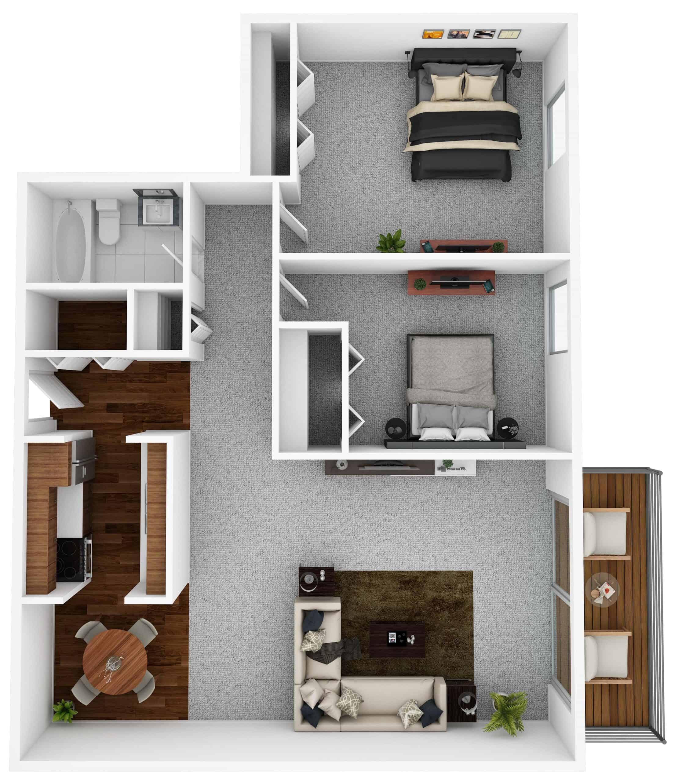 Floor plan of the 2 bedroom, 1 Bathroom apartment